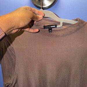 Neutral Brown Long Sleeve Dress with Feather Trim